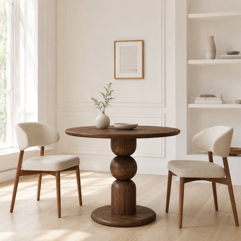 Dorel Round Walnut Dining Table with Sculptural Base – Modern Pedestal Design