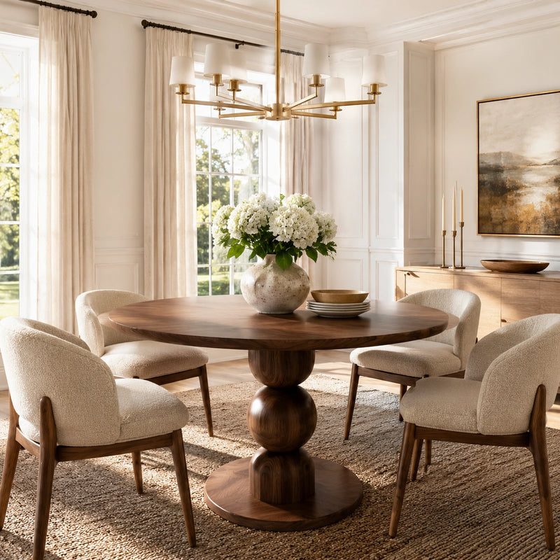 Dorel Round Walnut Dining Table with Sculptural Base – Modern Pedestal Design