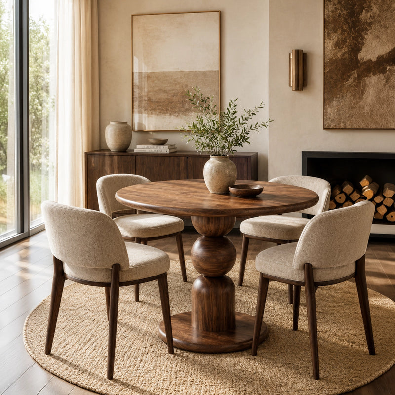Dorel Round Walnut Dining Table with Sculptural Base – Modern Pedestal Design