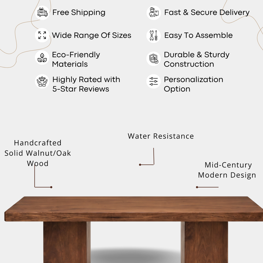 Wilder Rectangular Dining Table | Solid Walnut or Oak Wood