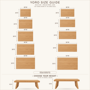 Yoro size guide infographic showing available panel leg widths and heights for solid oak angled legs, with dimensioned wood samples and two bench height options at the bottom.