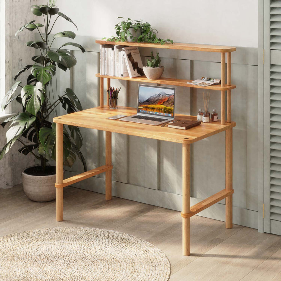 Lee Solid Beech Wood Study Desk | Modern Desk with Upper Shelf Demontha