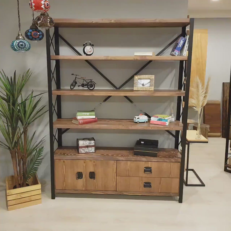 ideo walkthrough of the Bellingham Solid Wood Bookcase with Doors and Drawers, providing a 360-degree view of the design and storage features.