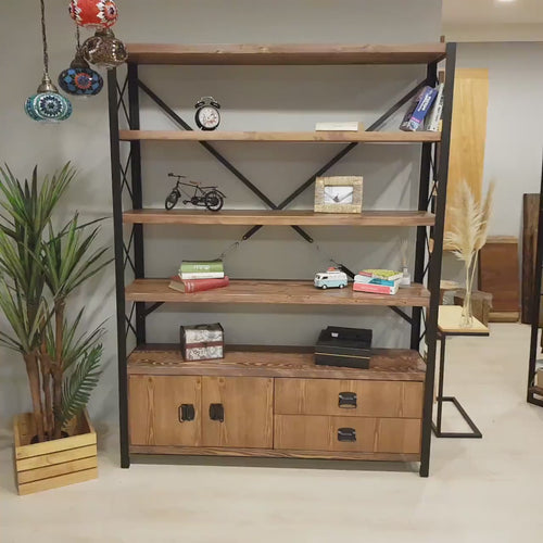 ideo walkthrough of the Bellingham Solid Wood Bookcase with Doors and Drawers, providing a 360-degree view of the design and storage features.