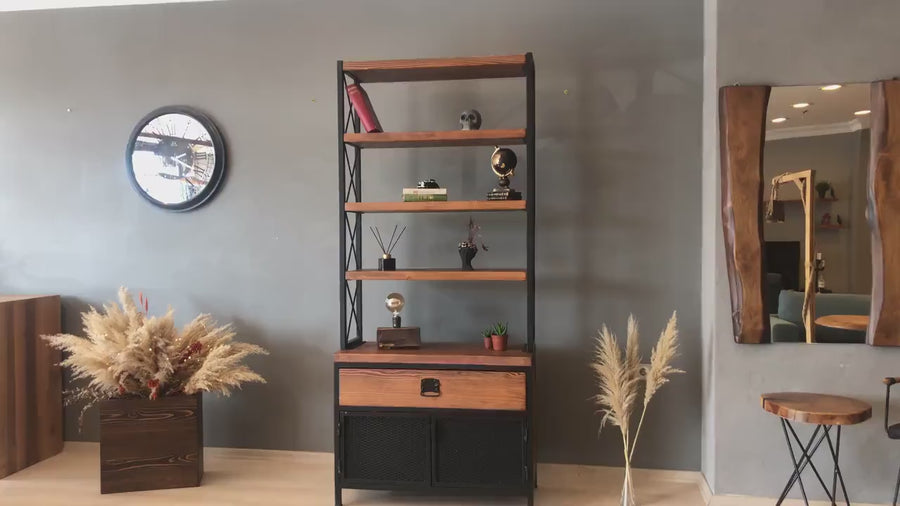 Top-down view of the Madison Bookcase, illustrating the arrangement of the shelves and cabinet