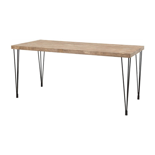  Close-up view of the Belgrade Rustic Farm Dining Table, highlighting the beautiful texture of the solid pine wood and the strong black metal base that provides a durable and stylish design.