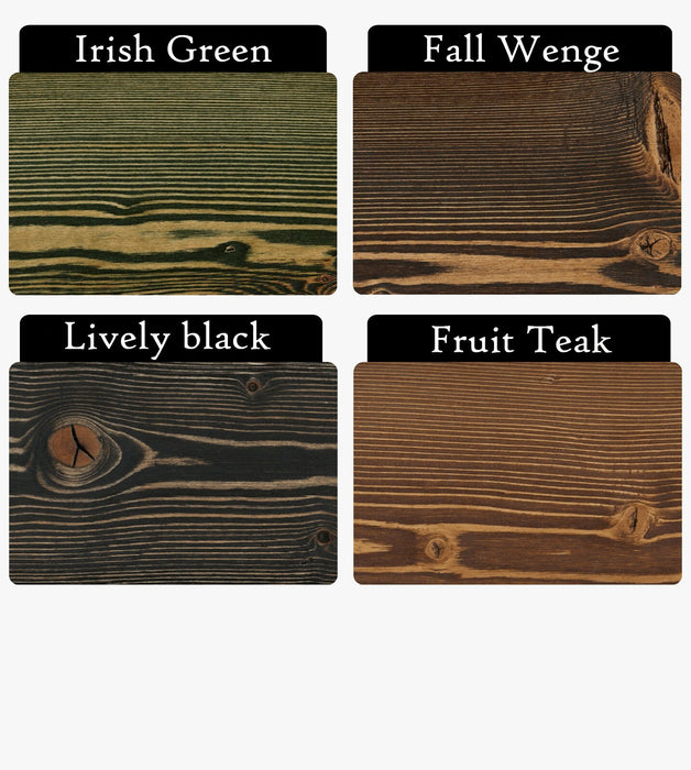 A selection of finish colors for the Belgrade Rustic Farm Dining Table, including Irish Green, Fall Wenge, Lively Black, and Fruit Teak, allowing customization to match various home decor styles.