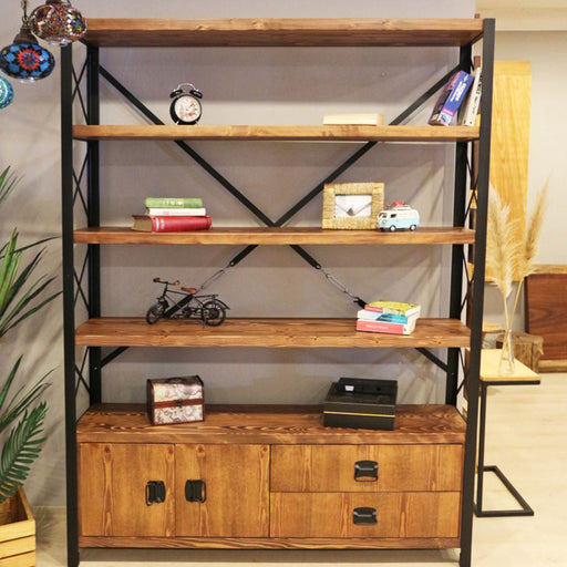 Front view of the Bellingham Solid Wood Bookcase with Doors and Drawers, showcasing its elegant design and rich wood finish.