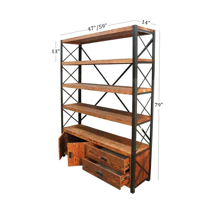 Side view of the bookcase with doors and drawers, showing the depth and sturdy build of the piece.