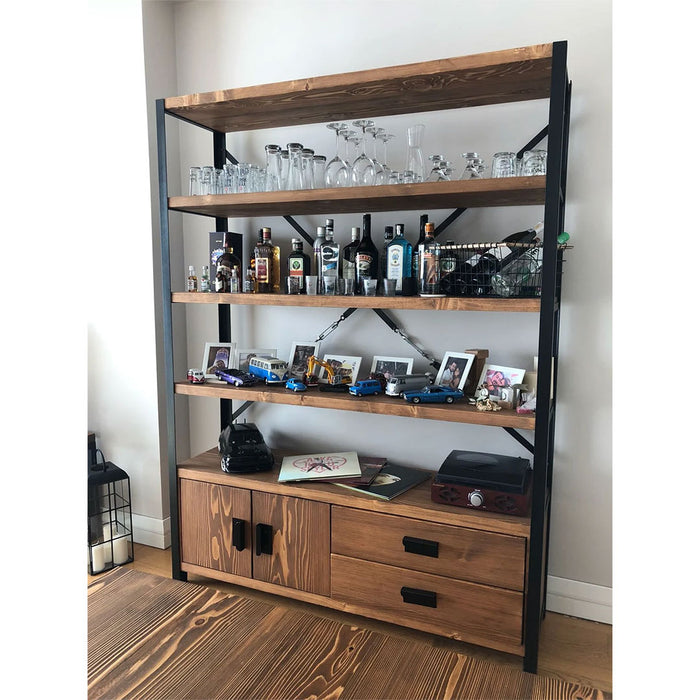 Detail shot of the doors and decorative trim on the bookcase, illustrating the attention to design detail.