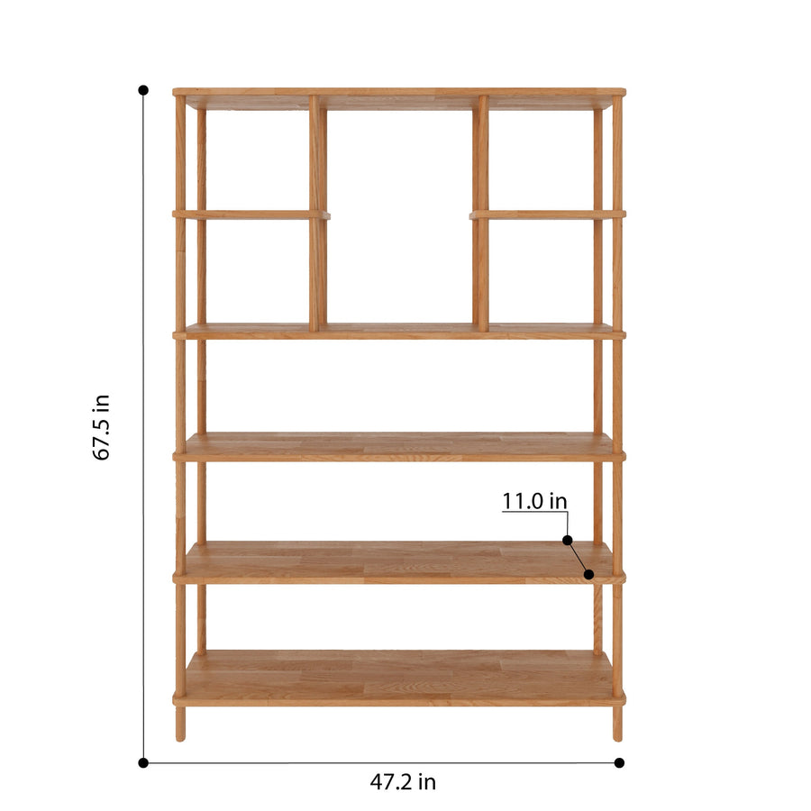 A corner perspective of the bookcase, highlighting the sleek, open design and sturdy structure.