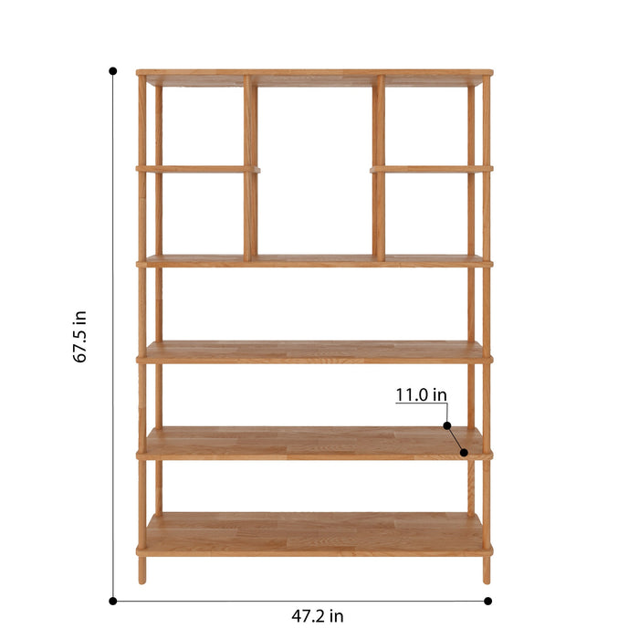 A corner perspective of the bookcase, highlighting the sleek, open design and sturdy structure.