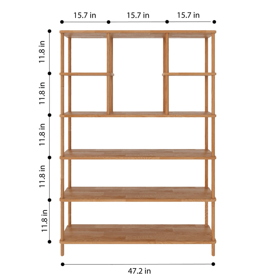  Close-up of the open shelves of the  bookcase, ideal for organizing books and décor.