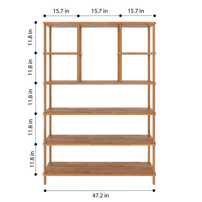  Close-up of the open shelves of the  bookcase, ideal for organizing books and décor.