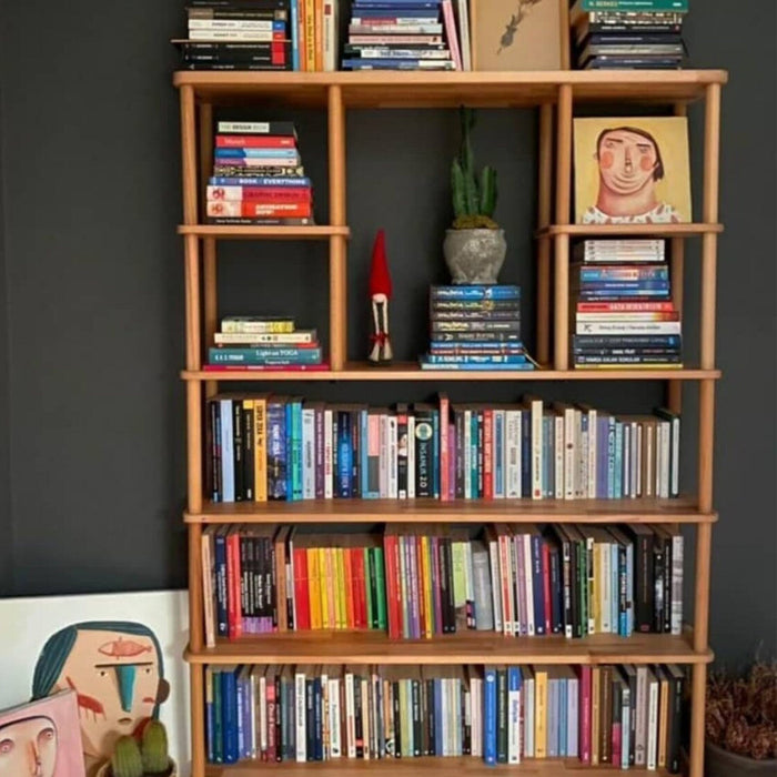 Detailed view of the solid wood finish and craftsmanship of the bookcase.