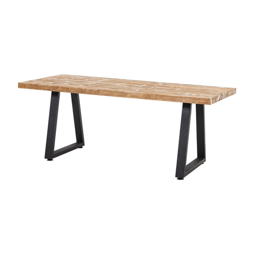 Cary Farmhouse Kitchen Table with a rectangular pine wood top and sturdy black metal legs, styled in a rustic kitchen setting