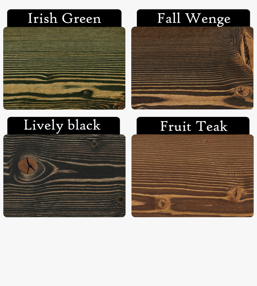 Customizable color palette for the Cary Farmhouse Kitchen Table, featuring options like Irish Green, Fall Wenge, Lively Black, and Fruit Teak.