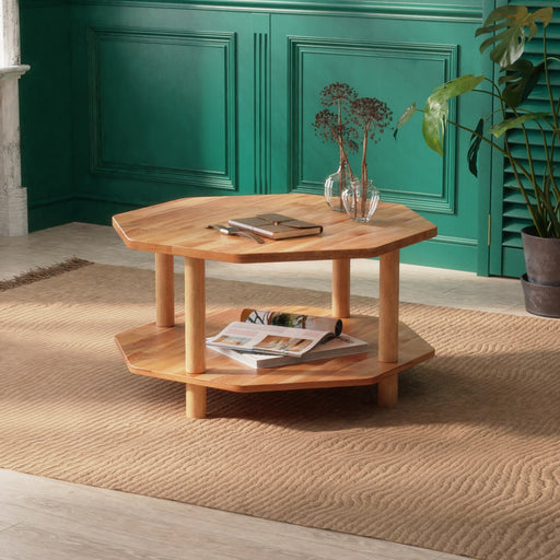 Top-down view of the Columbia Octagon Beech Wood Coffee Table: An overhead shot showcasing the table's octagonal shape and smooth beech wood surface.
