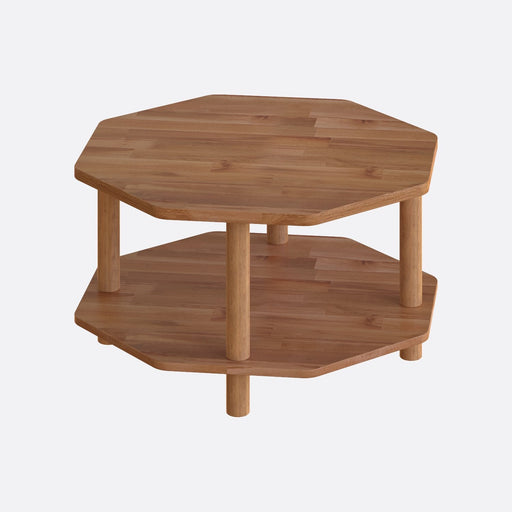 Angled perspective of the octagonal beech wood coffee table: A side angle highlighting the table's geometric design and natural wood grain.