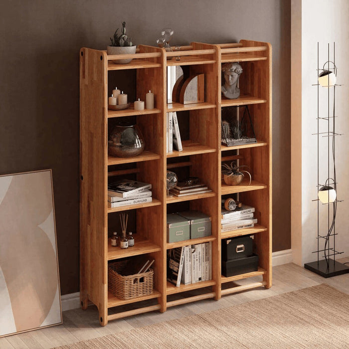 Close-up of the Compton Bookshelf With Storage, highlighting the solid beech wood craftsmanship and geometric shelving.