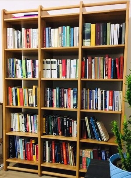 Side angle of the Compton Bookshelf With Storage, emphasizing the durability and style of the solid wood build.