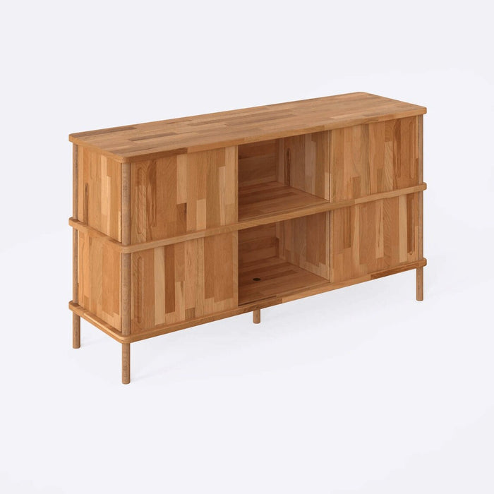 Close-up of the sideboard’s solid wood texture and elegant detailing, highlighting the sleek lines of this contemporary dining sideboard.