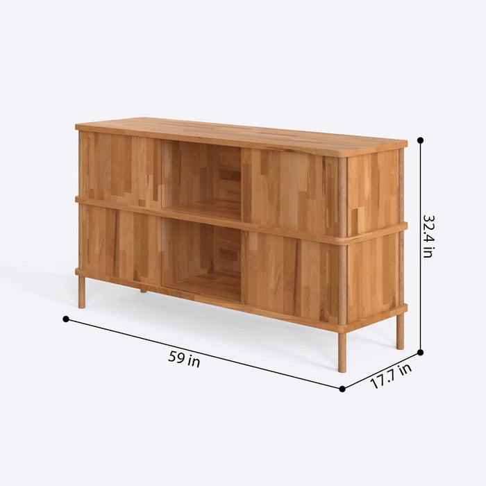 The interior of the buffet with open storage, demonstrating ample space for dining essentials.
