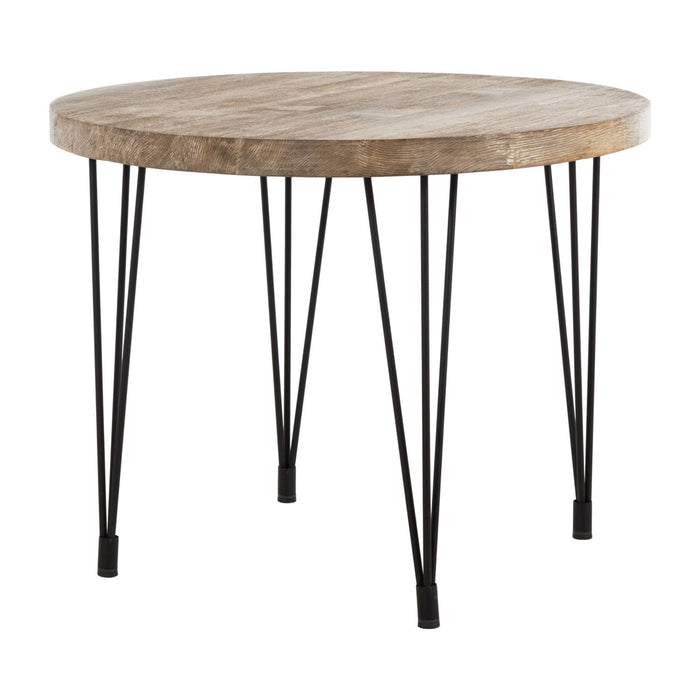 Side angle of the Concord Round Rustic Dining Table, featuring robust iron legs and a versatile farmhouse design, ideal for cozy dining settings
