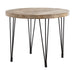Side angle of the Concord Round Rustic Dining Table, featuring robust iron legs and a versatile farmhouse design, ideal for cozy dining settings