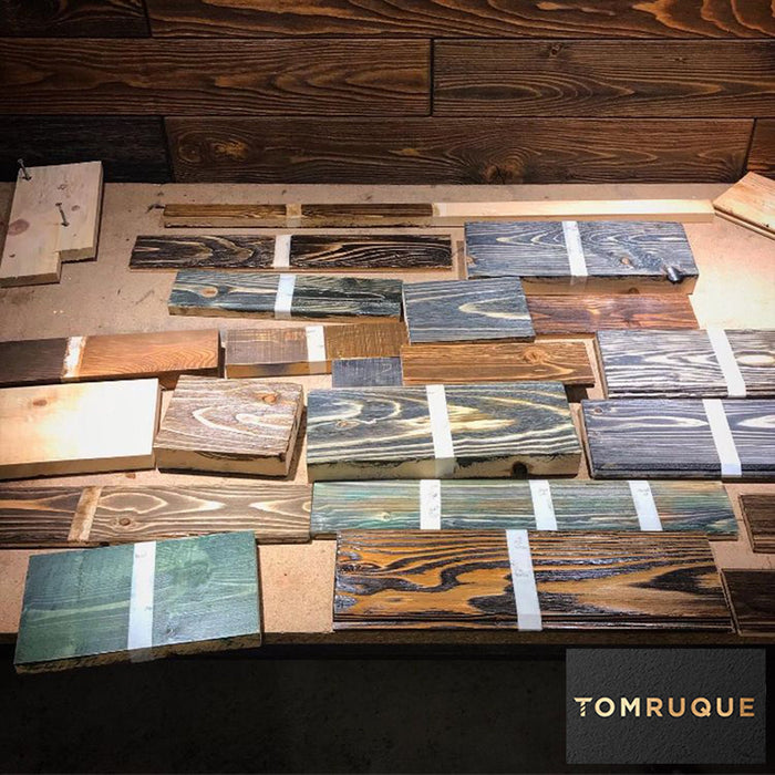 Customizable pine wood material swatches for the Concord Round Rustic Dining Table, available in four stunning colors to match any dining room aesthetic.