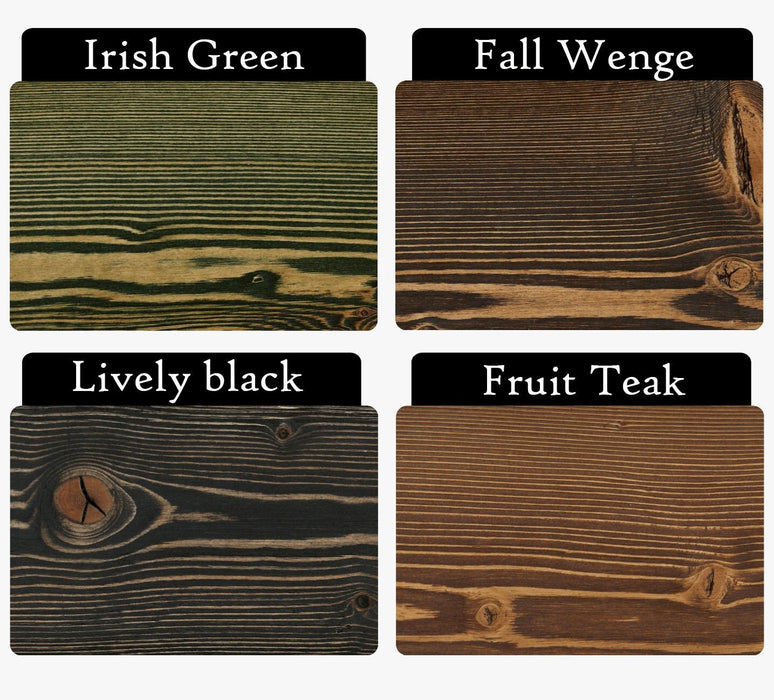 Dining Table's finish options: Irish Green, Fall Wenge, Lively Black, and Fruit Teak, displayed on swatches.