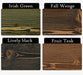 Dining Table's finish options: Irish Green, Fall Wenge, Lively Black, and Fruit Teak, displayed on swatches.