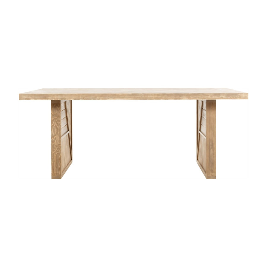 A top-down view of the rustic dining room table, focusing on the even surface and smooth edges of the solid pinewood.
