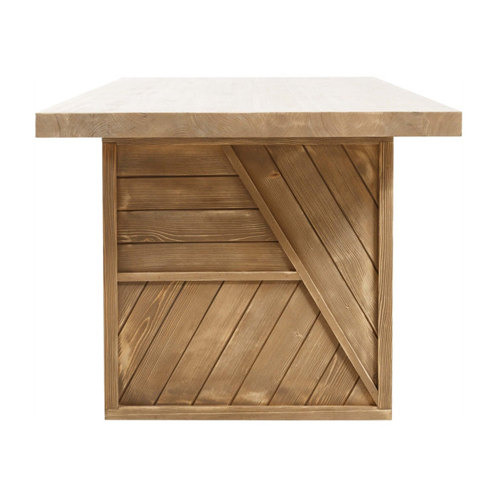 A closer look at the table’s legs, which feature a simple, sturdy design that complements the rustic dining room table's overall charm.