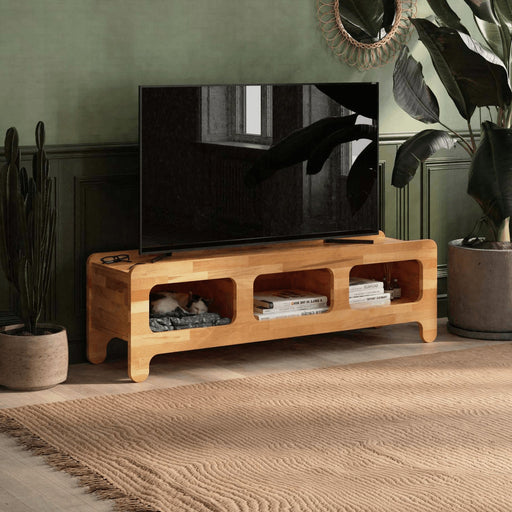 A sleek and simple front view of the modern TV stand, showcasing its smooth beech wood finish and minimalist design.