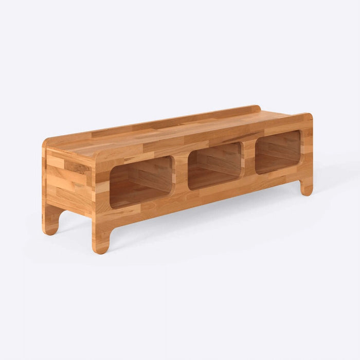Side angle of the TV stand with open shelving, demonstrating its spacious storage for electronics and decorative items.