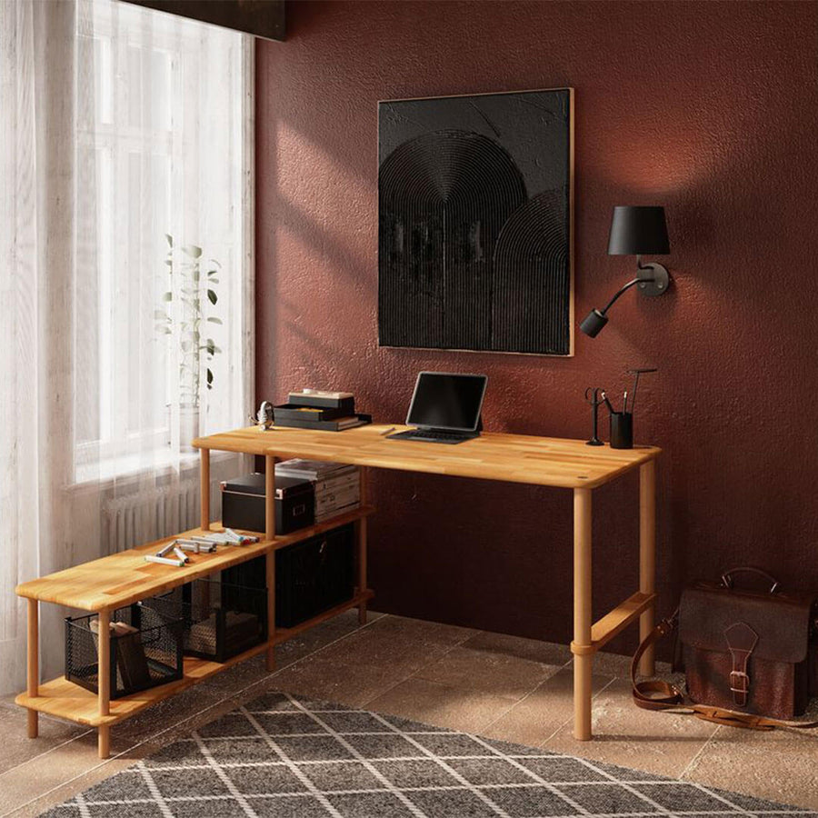 Lewis Solid Beech Wood Desk | Modern Work Desk with Lower Shelf Demontha