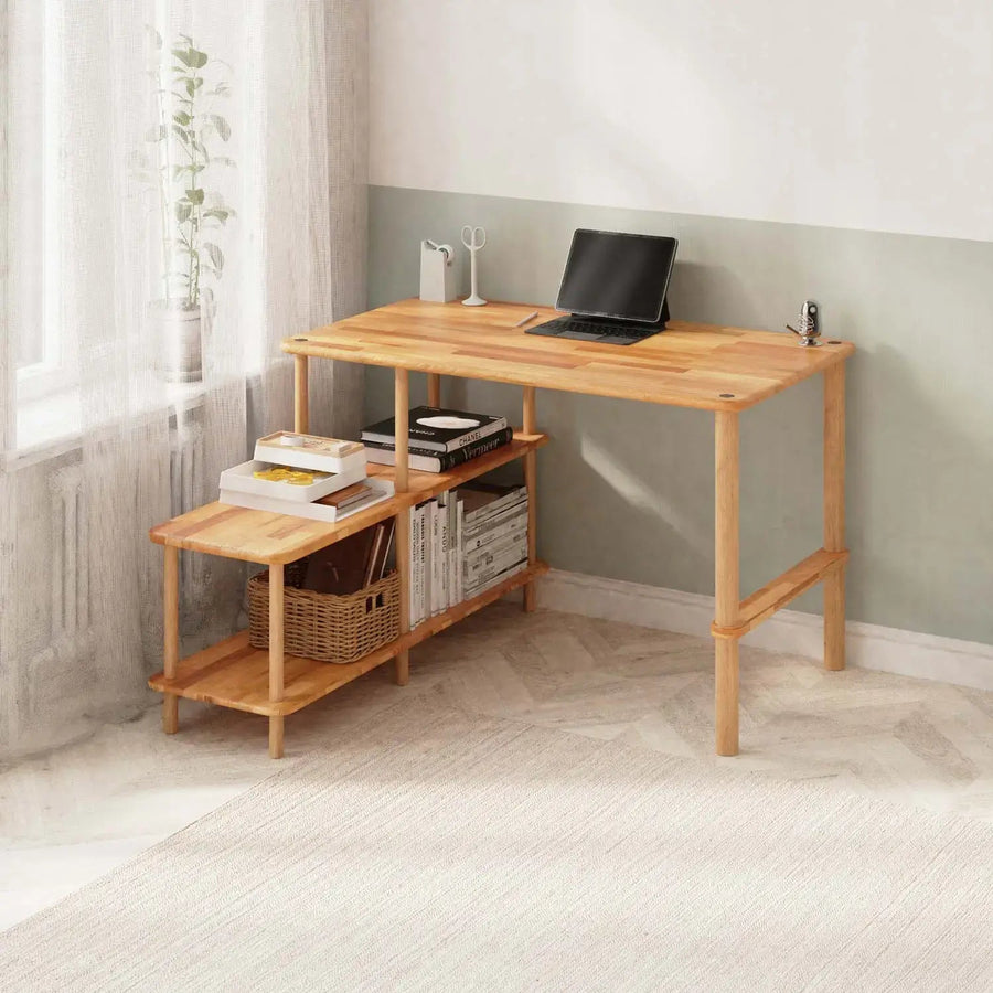 Lewis Solid Beech Wood Desk | Modern Work Desk with Lower Shelf Demontha