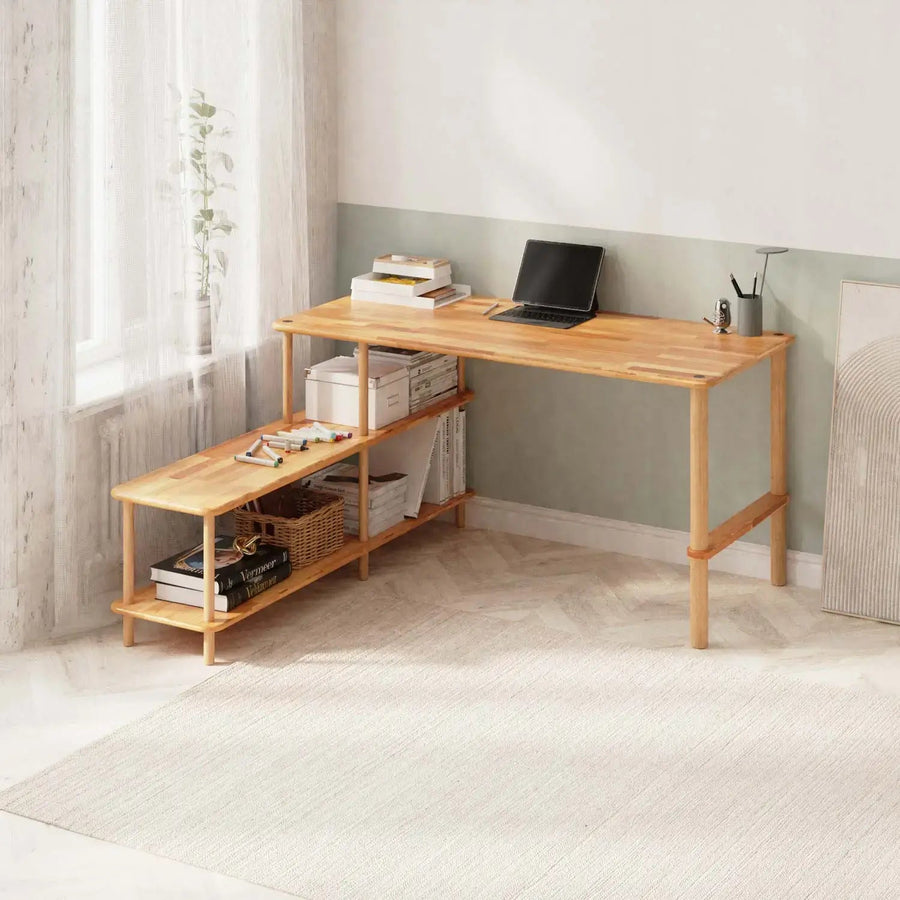 Lewis Solid Beech Wood Desk | Modern Work Desk with Lower Shelf Demontha