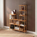 A front view showcasing six open shelves made from solid wood with a minimalist design, perfect for organizing and displaying items.