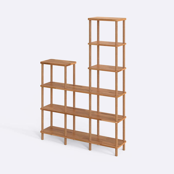 A side angle highlighting the sturdy structure and clean lines of the six open shelves crafted from solid wood.