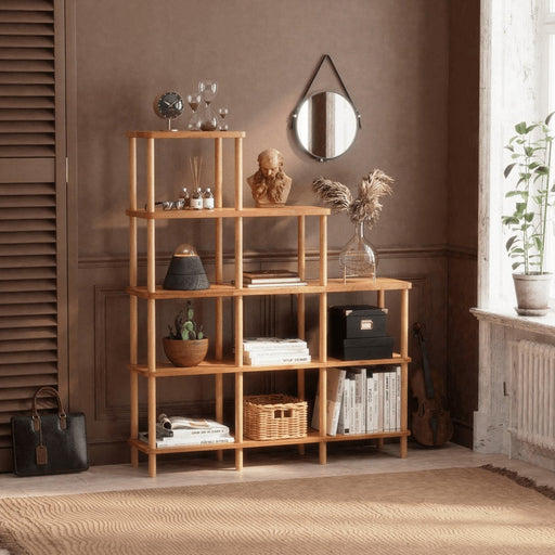 Lincoln minimalist stair bookcase with 5 shelves, perfect for modern decor and versatile storage.