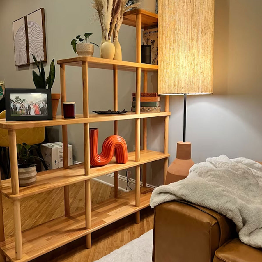 Modern stair bookcase with 5 shelves, perfect for organizing books and decor in small spaces.