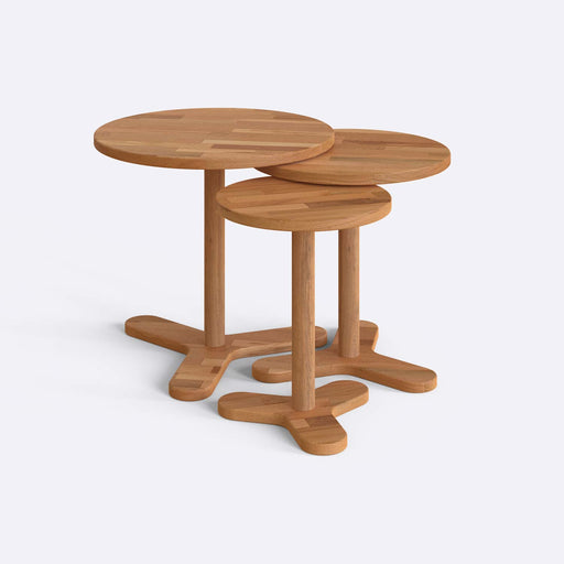 Close-up of Lynn Wood Round Side Coffee Table Set, highlighting the sleek, smooth wooden surface and clean lines of the design.