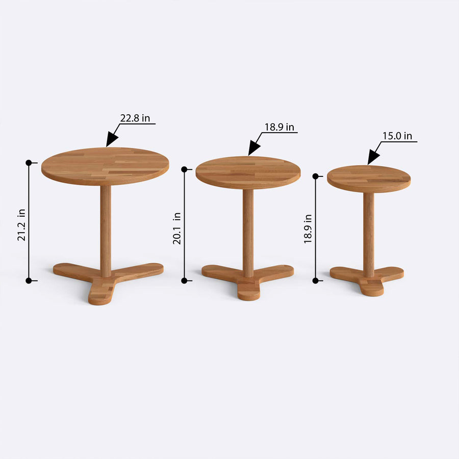 Display of the complete Lynn Wood Round Side Coffee Table Set in a living room setting, showcasing its versatile, minimalist design.