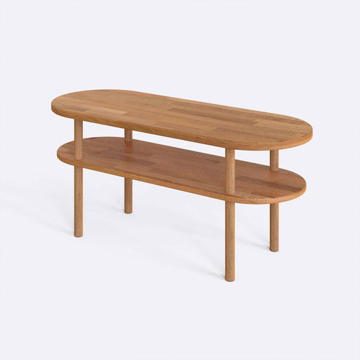 Side view of the Malibu Beech wooden minimalist oval coffee table with clean lines.