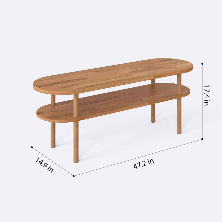 Elegant wooden minimalist oval coffee table with a light beech wood finish.