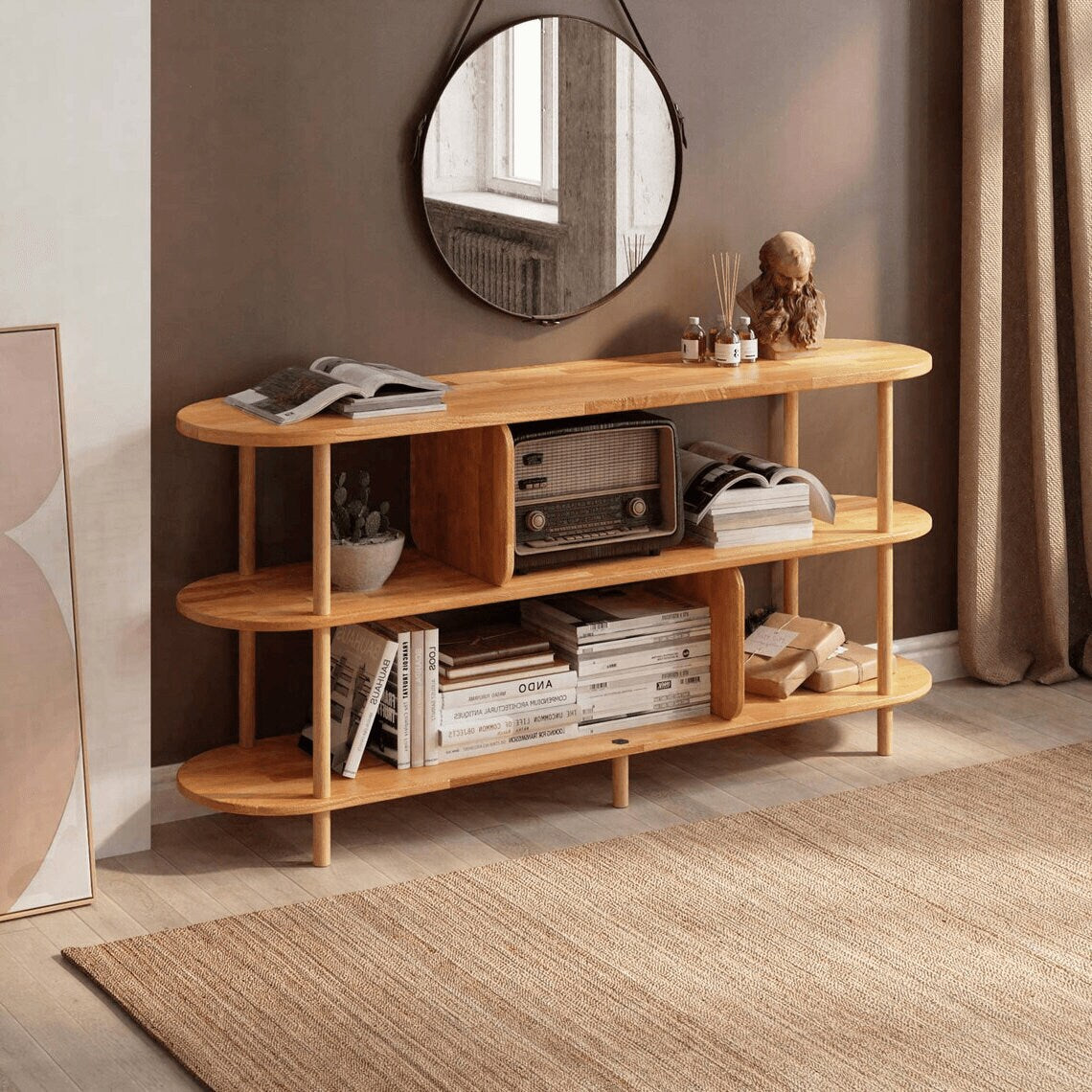Low Solid Wood Bookcase with Open Shelves