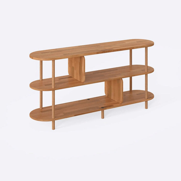 Side angle of the Malibu Low Bookcase, highlighting the sleek lines and solid beech wood construction.