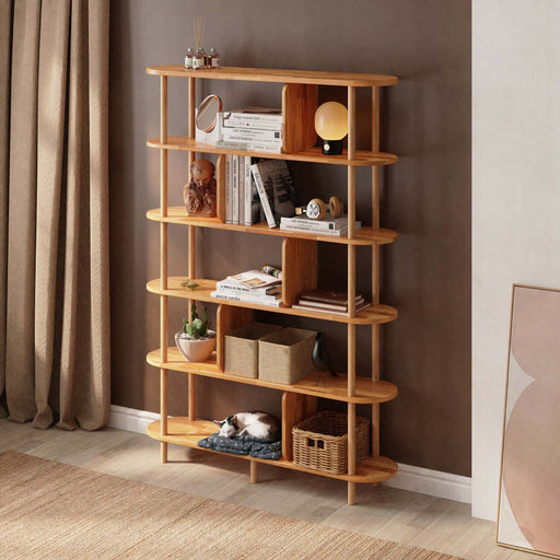 Front view of the Malibu Open Bookcase, showcasing six spacious shelves with a minimalist open design, perfect for books and décor.